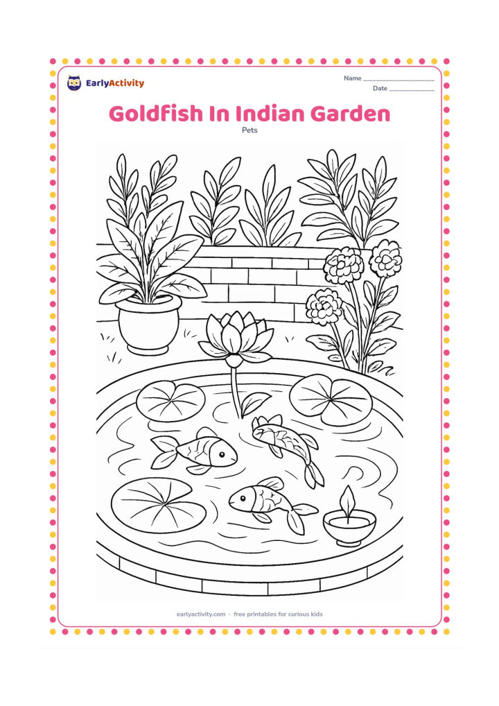 Colouring page: Draw a decorative outdoor garden pond in an Indian home setting, with goldfish, lotus leaves, marigold-like flowers, potted plants, a low wall and a small clay diya placed safely beside…