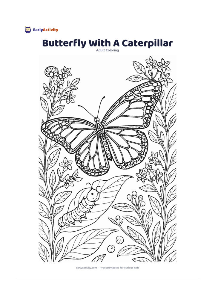Colouring page: Show an adult butterfly resting on a leaf above a friendly caterpillar on a lower leaf, surrounded by milkweed-like flowers, stems, and a few round eggs on a plant. Make the adult…