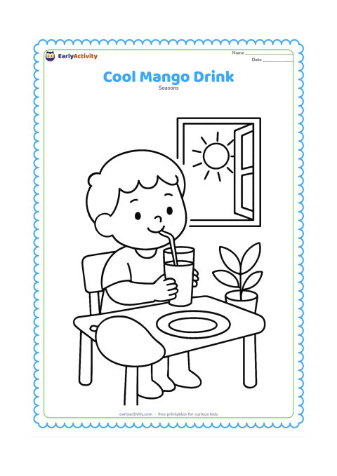 Colouring page: Draw a child sitting at a small table and holding a tall glass of mango drink with a straw. Add a large mango, a plate, a leafy plant, and an open window showing a sunny day.