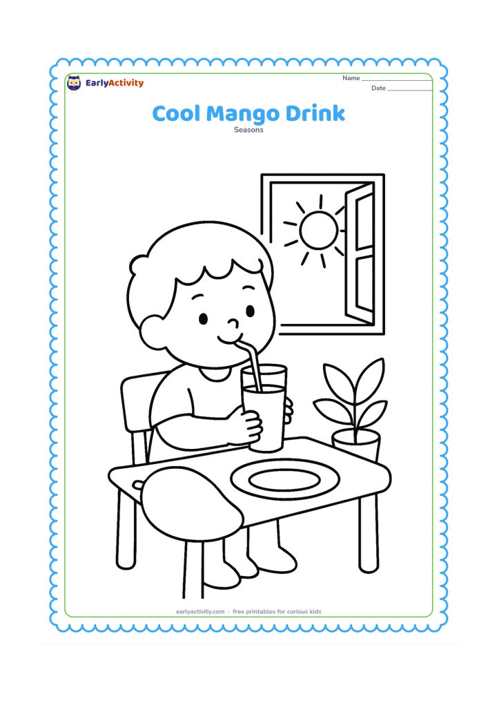 Colouring page: Draw a child sitting at a small table and holding a tall glass of mango drink with a straw. Add a large mango, a plate, a leafy plant, and an open window showing a sunny day.