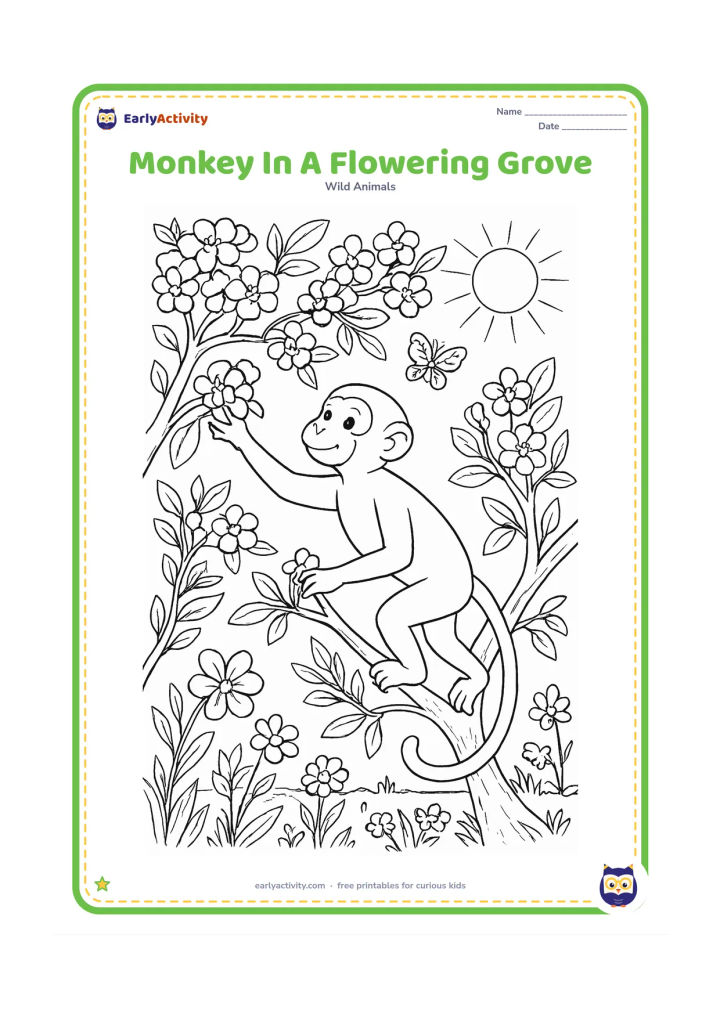Colouring page: Draw one monkey reaching toward blossoms in a flowering tree, with its tail gripping a branch. Add many flower clusters, patterned leaves, a butterfly and a sunny meadow below.