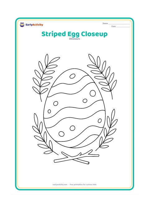 Colouring page: A large oval dinosaur egg fills the centre of the page, decorated with wide curved stripes and small spots. Frame it with several fern leaves and two pieces of twig nest.