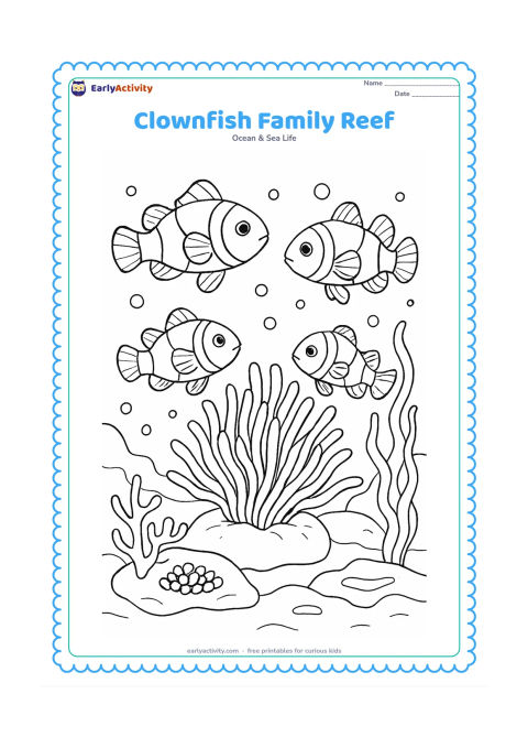 Colouring page: Show a group of four clownfish of different sizes swimming around a large central anemone, with eggs on a nearby rock, coral branches, seaweed, bubbles, and layered reef shapes.