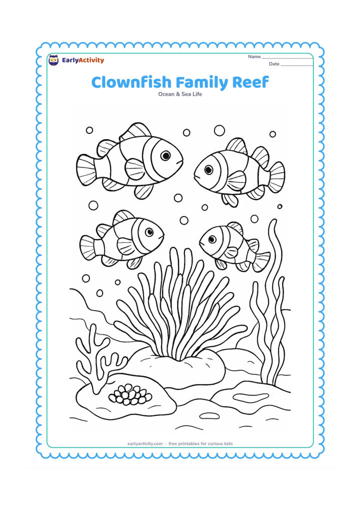 Colouring page: Show a group of four clownfish of different sizes swimming around a large central anemone, with eggs on a nearby rock, coral branches, seaweed, bubbles, and layered reef shapes.