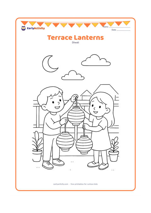 Colouring page: Draw two children on a flat rooftop hanging paper lanterns from a simple railing at early evening. Include potted plants, distant rooftops, a crescent moon, and a few clouds.
