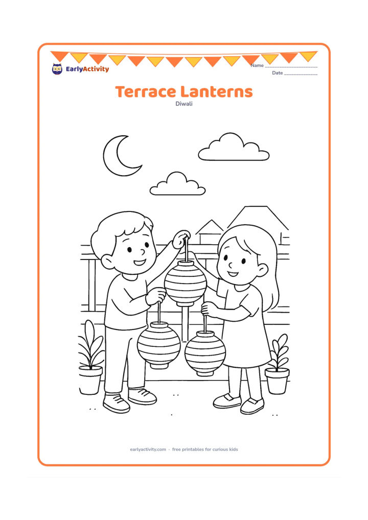 Colouring page: Draw two children on a flat rooftop hanging paper lanterns from a simple railing at early evening. Include potted plants, distant rooftops, a crescent moon, and a few clouds.