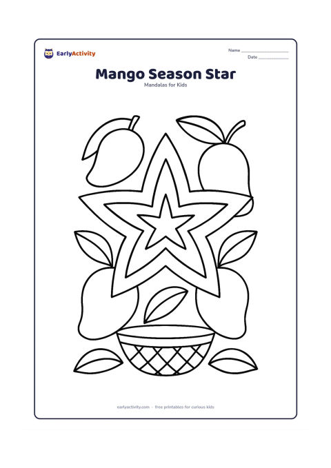 Colouring page: Draw a broad five-point star mandala framed by large mangoes and simple mango leaves. Add a low basket beneath the mandala and two or three big leaf shapes at the sides.