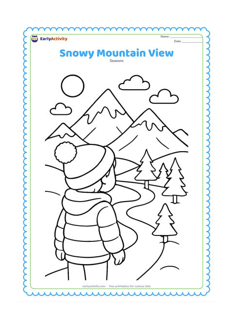 Colouring page: A child in a warm jacket looks across a valley toward snow-covered mountain peaks. Include a winding path, a few pine trees and a bright winter sky.