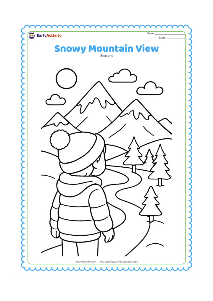 Colouring page: A child in a warm jacket looks across a valley toward snow-covered mountain peaks. Include a winding path, a few pine trees and a bright winter sky.