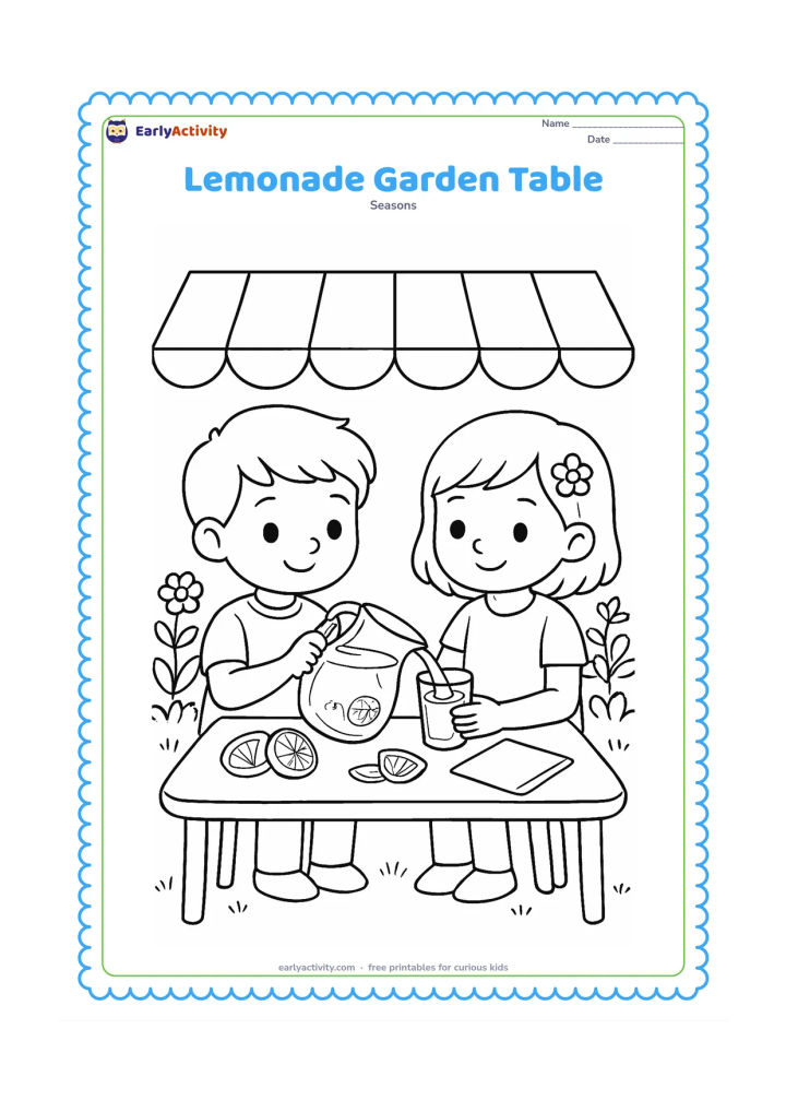 Colouring page: Two friends sit at a garden table pouring lemonade into glasses, with a jug, lemon slices, a cloth napkin, flowering plants and a shady awning.