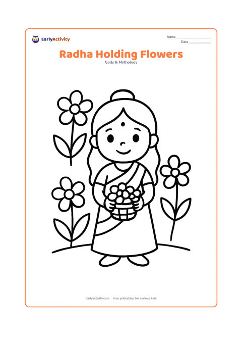 Colouring page: Draw Radha standing with a small basket of flowers held in front of her. Add three large flowers, broad leaves, and a simple garden ground line.
