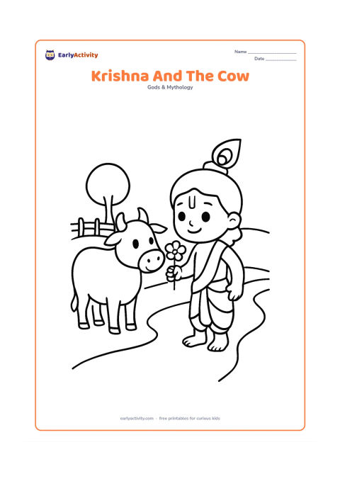 Colouring page: Draw Krishna standing next to a gentle cow and offering it a flower. Include a simple village path, a low fence, and one round tree in the background.