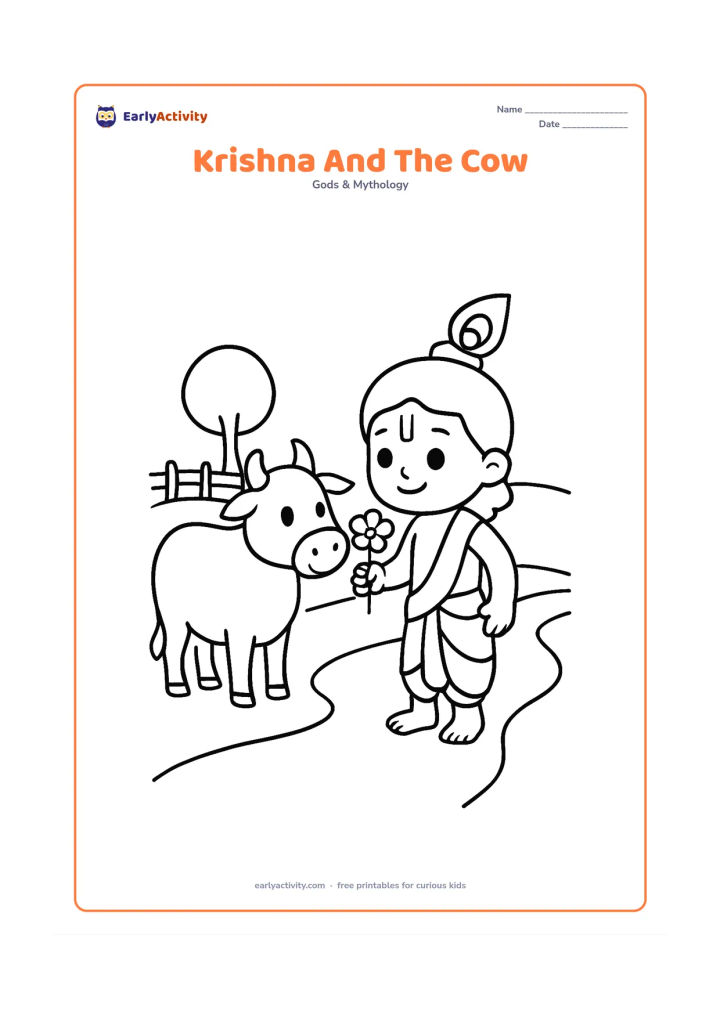 Colouring page: Draw Krishna standing next to a gentle cow and offering it a flower. Include a simple village path, a low fence, and one round tree in the background.