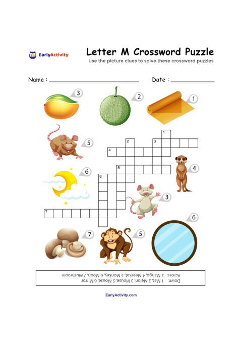 Worksheet with a Letter M crossword and numbered pictures of a mango, melon, scroll, mouse, meerkat, moon, mushrooms, monkey and mirror.