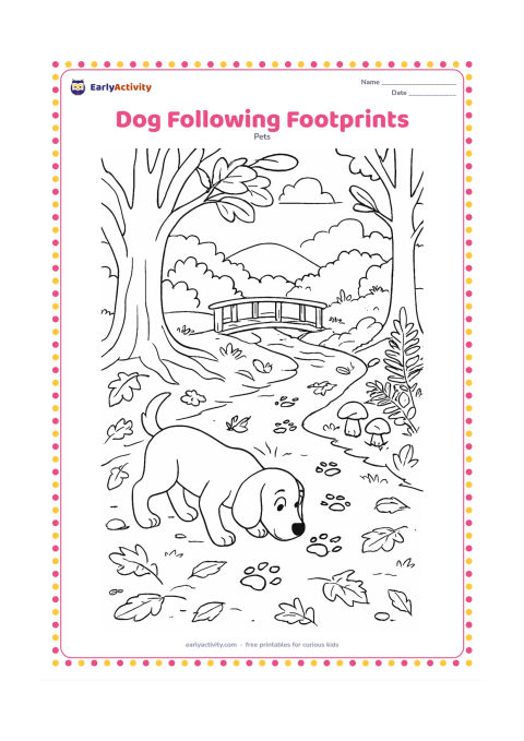 Colouring page: Draw a curious dog using its nose to follow a trail of paw prints across a woodland path in autumn. Include fallen leaves, tree roots, mushrooms, ferns, a wooden bridge, and distant hills.