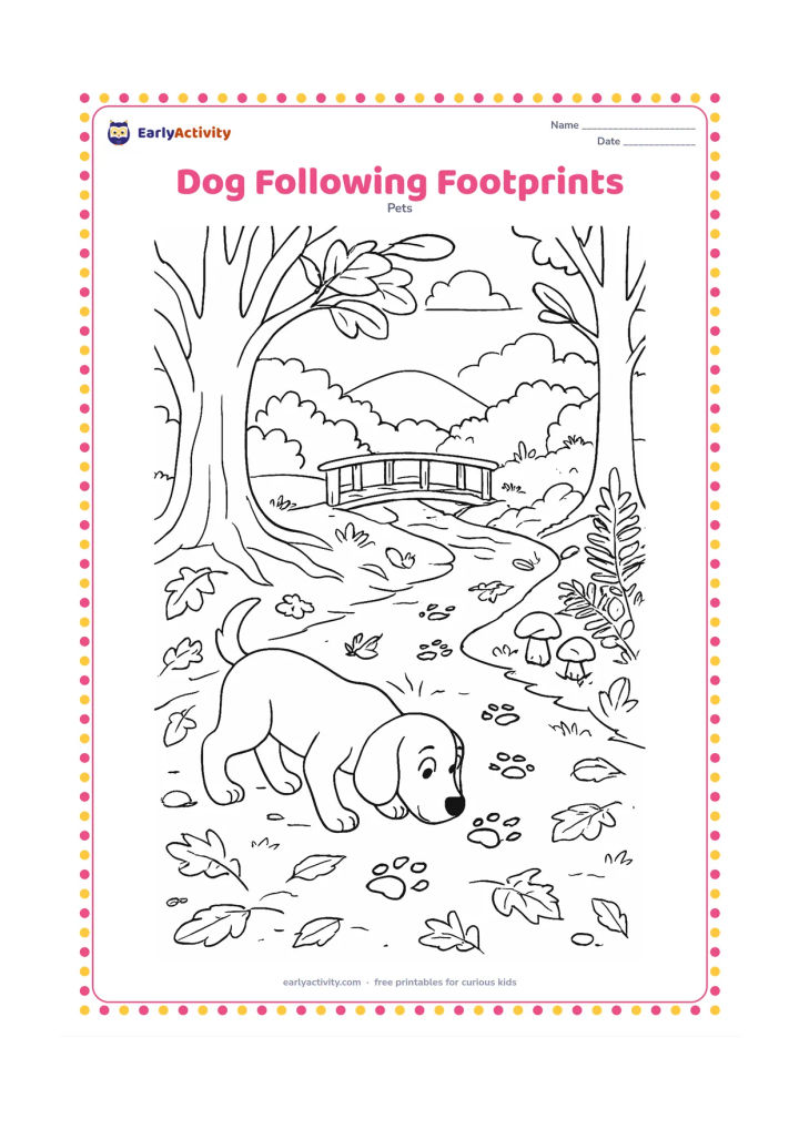 Colouring page: Draw a curious dog using its nose to follow a trail of paw prints across a woodland path in autumn. Include fallen leaves, tree roots, mushrooms, ferns, a wooden bridge, and distant hills.