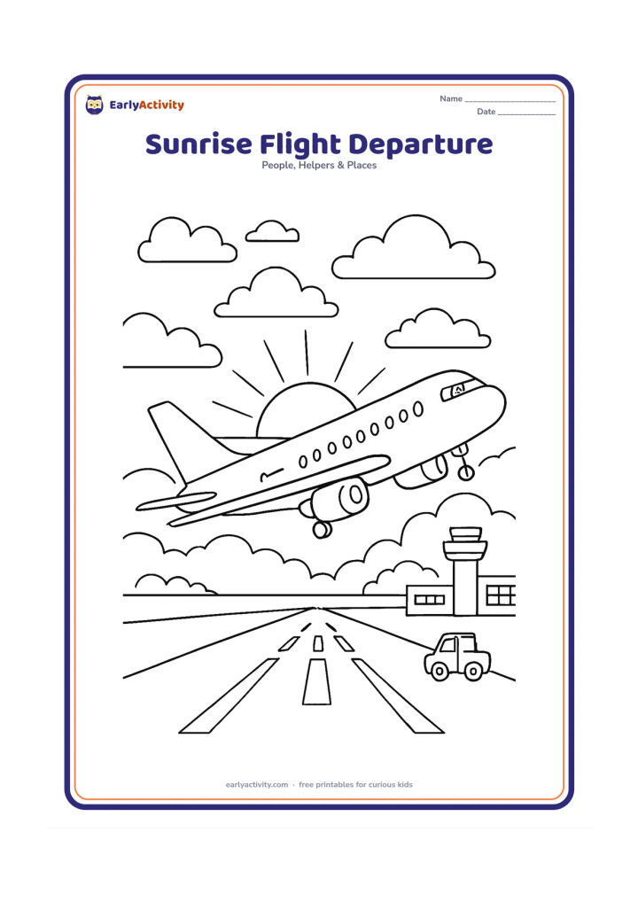Colouring page: A passenger aeroplane begins its take-off at sunrise while a pilot is visible in the cockpit. Show a glowing horizon, layered clouds, runway markings, airport buildings and a small…