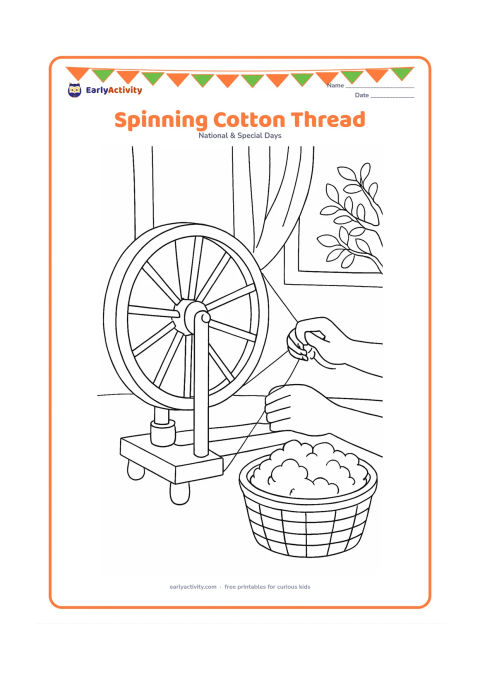 Colouring page: Draw a close but child-friendly view of hands spinning cotton thread on a charkha, with a basket of cotton beside it. Add a simple cloth backdrop and a window showing leafy branches outside.