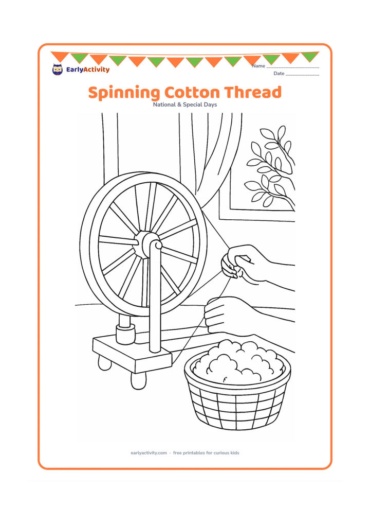 Colouring page: Draw a close but child-friendly view of hands spinning cotton thread on a charkha, with a basket of cotton beside it. Add a simple cloth backdrop and a window showing leafy branches outside.