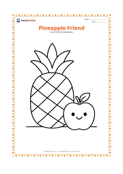 Colouring page: A large pineapple with a leafy crown beside a small smiling apple, both standing on a simple ground line.