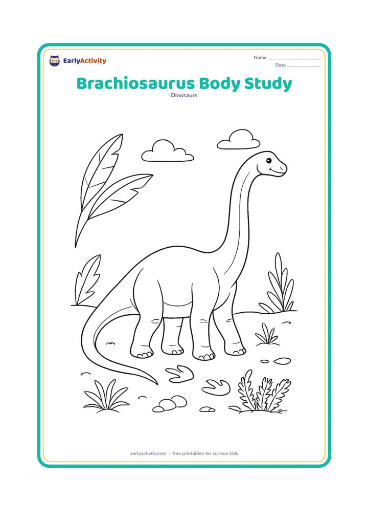 Colouring page: Place a full-body brachiosaurus in profile on an uncluttered prehistoric ground scene, clearly showing its long neck, high shoulders, longer front legs, shorter back legs and long tail.…