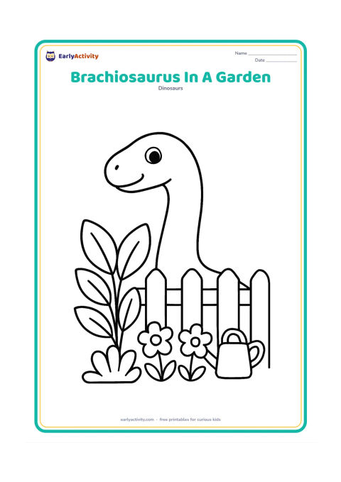 Colouring page: A friendly brachiosaurus peeks over a simple garden fence toward large leafy plants, with its head and long neck clearly visible. Add broad leaves, three flowers and a small watering can…