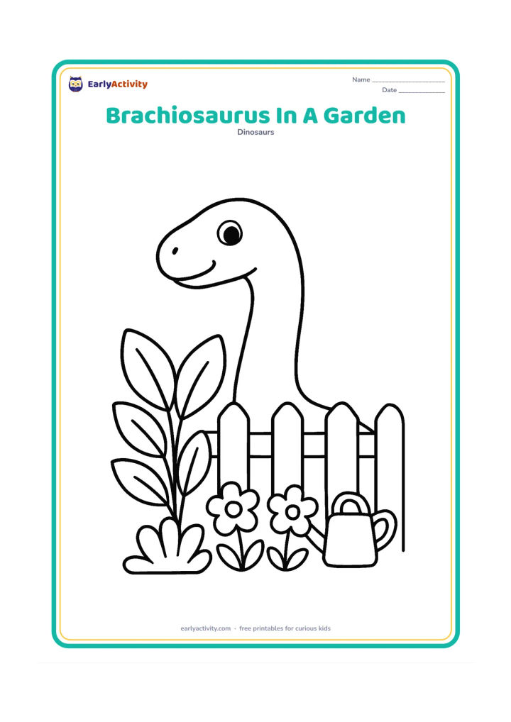 Colouring page: A friendly brachiosaurus peeks over a simple garden fence toward large leafy plants, with its head and long neck clearly visible. Add broad leaves, three flowers and a small watering can…