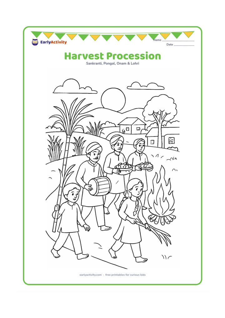 Colouring page: Draw a festive procession moving along a village lane, with children carrying sugarcane, adults carrying food baskets and a dhol player leading the group toward a bonfire. Add mustard…