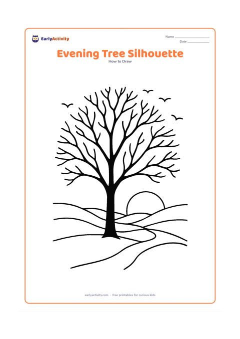 Worksheet: Show a large tree at sunset with a branching silhouette, a low orange sun near the horizon, layered hills, a winding path and several birds flying around the upper branches.