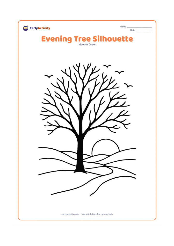 Worksheet: Show a large tree at sunset with a branching silhouette, a low orange sun near the horizon, layered hills, a winding path and several birds flying around the upper branches.