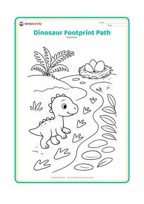 Colouring page: Draw a baby dinosaur following a winding trail of three-toed footprints toward a nest. Include a fern-covered bank, stepping stones and broad leaves along the path.