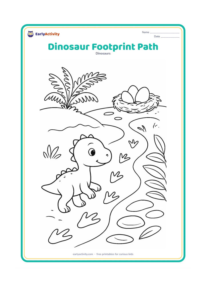Colouring page: Draw a baby dinosaur following a winding trail of three-toed footprints toward a nest. Include a fern-covered bank, stepping stones and broad leaves along the path.