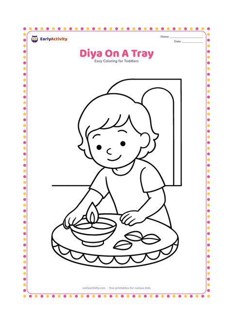 Colouring page: Draw a child placing one unlit diya on a decorated round tray, with two flower petals and a simple doorway behind them.