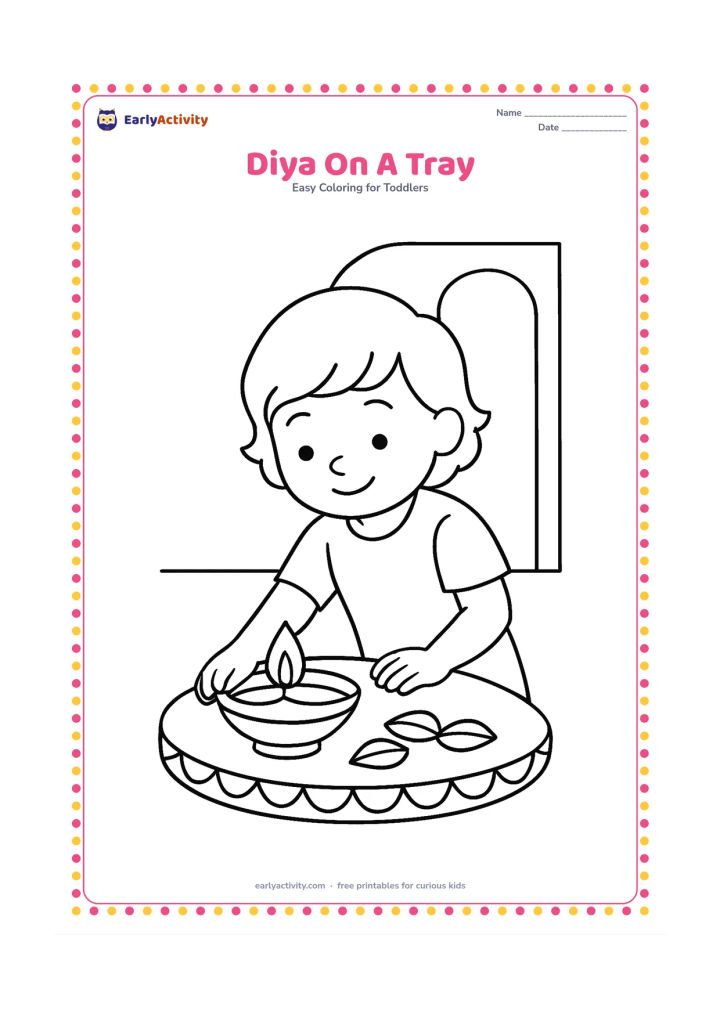 Colouring page: Draw a child placing one unlit diya on a decorated round tray, with two flower petals and a simple doorway behind them.