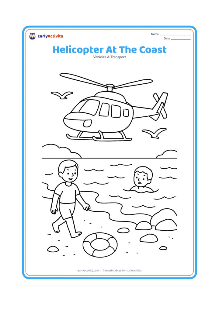 Colouring page: Draw a coastal rescue helicopter hovering above a beach while a lifeguard walks toward a swimmer near the shore. Include waves, a lifebuoy without markings, rocks and seabirds.