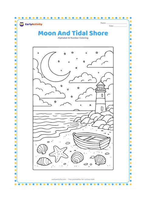 Colouring page: Draw a detailed night seashore under a large crescent moon, with gently rippling water, a lighthouse, rocks, shells and a small boat pulled onto the sand. Add layered clouds and…