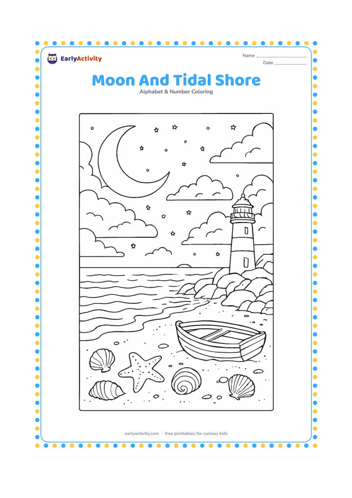 Colouring page: Draw a detailed night seashore under a large crescent moon, with gently rippling water, a lighthouse, rocks, shells and a small boat pulled onto the sand. Add layered clouds and…