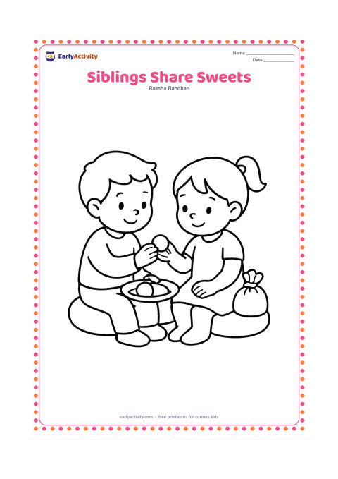 Colouring page: Two young siblings sit side by side and offer each other one round sweet from a shallow plate. Include two large sweets, a simple cushion and a small gift bag without any printed design.