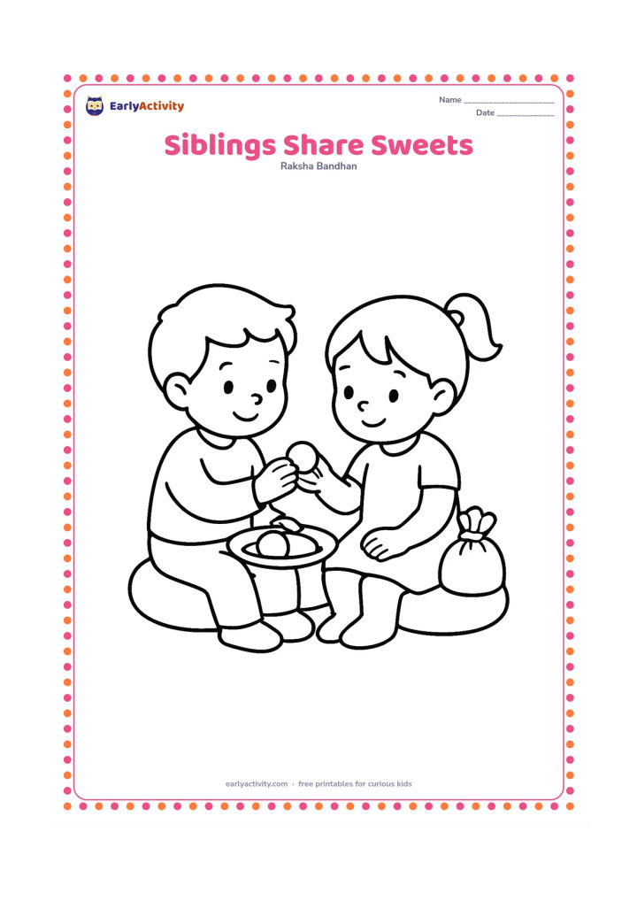 Colouring page: Two young siblings sit side by side and offer each other one round sweet from a shallow plate. Include two large sweets, a simple cushion and a small gift bag without any printed design.
