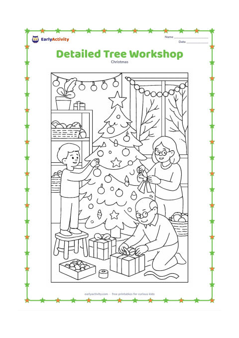 Colouring page: A busy family room shows three generations making Christmas decorations around a tall tree: one person hangs ornaments, one ties ribbons, and one arranges gifts. Include shelves,…