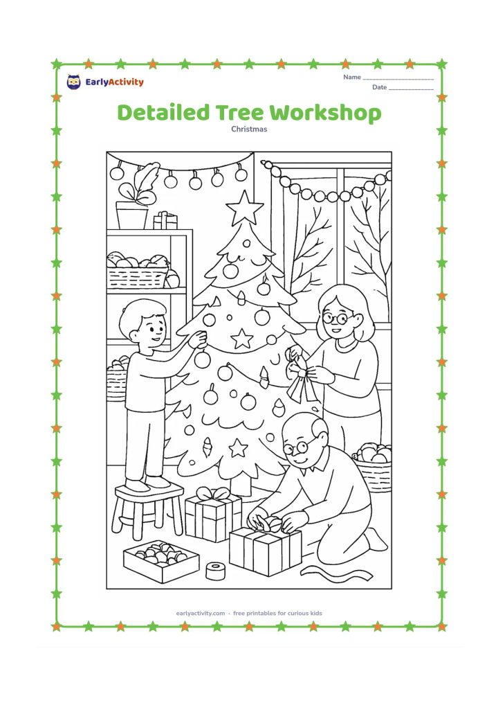 Colouring page: A busy family room shows three generations making Christmas decorations around a tall tree: one person hangs ornaments, one ties ribbons, and one arranges gifts. Include shelves,…