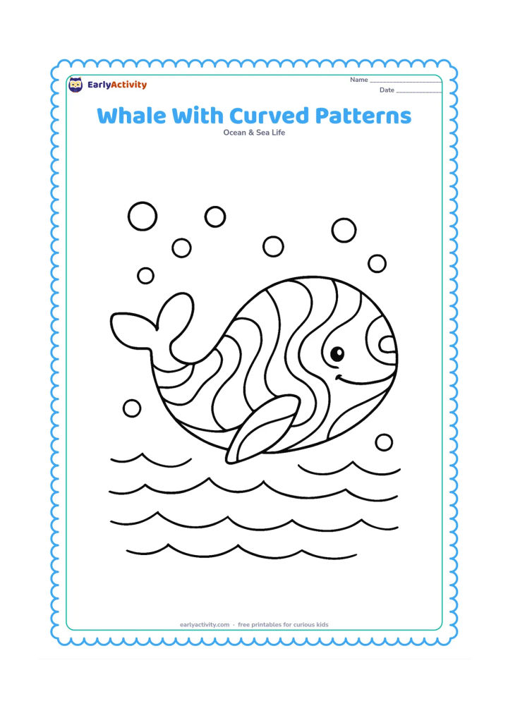 Colouring page: Place a side-view whale in calm water with several large decorative curved pattern sections across its body, surrounded by bubbles and simple waves. The patterns should be open areas for…