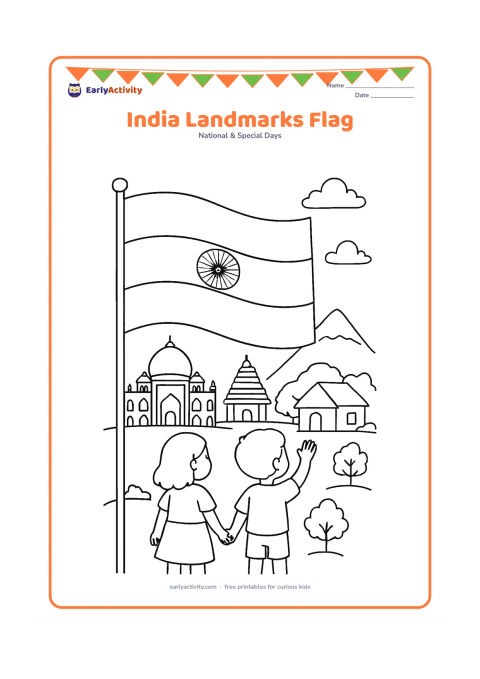 Colouring page: A large Indian flag stands in the foreground while children view a simple collage of Indian landmarks, including a domed monument, a temple roof, a mountain and a village home. Add small…