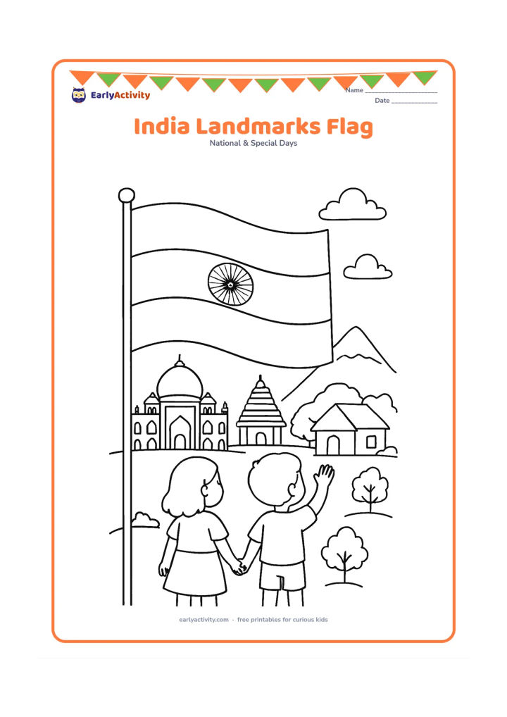 Colouring page: A large Indian flag stands in the foreground while children view a simple collage of Indian landmarks, including a domed monument, a temple roof, a mountain and a village home. Add small…