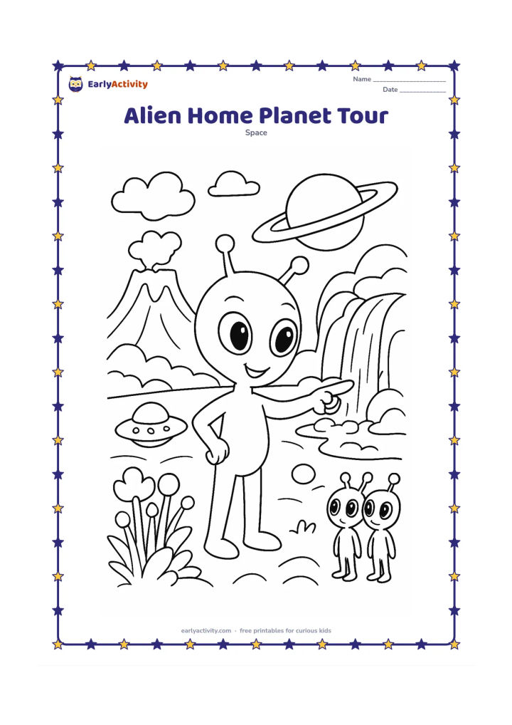 Colouring page: Draw a friendly alien guiding visitors around its home planet, pointing toward a volcano, a waterfall, a ringed planet in the sky, and a cluster of unusual plants. Include a small saucer…