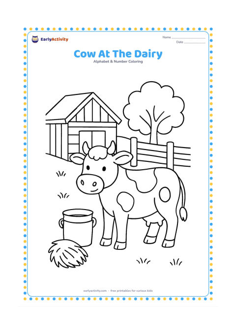 Colouring page: A gentle cow stands beside a clean milk pail near a rural dairy shed, with a hay bundle, a fence, and a leafy tree in the background. Do not include labels or writing on the shed or pail.