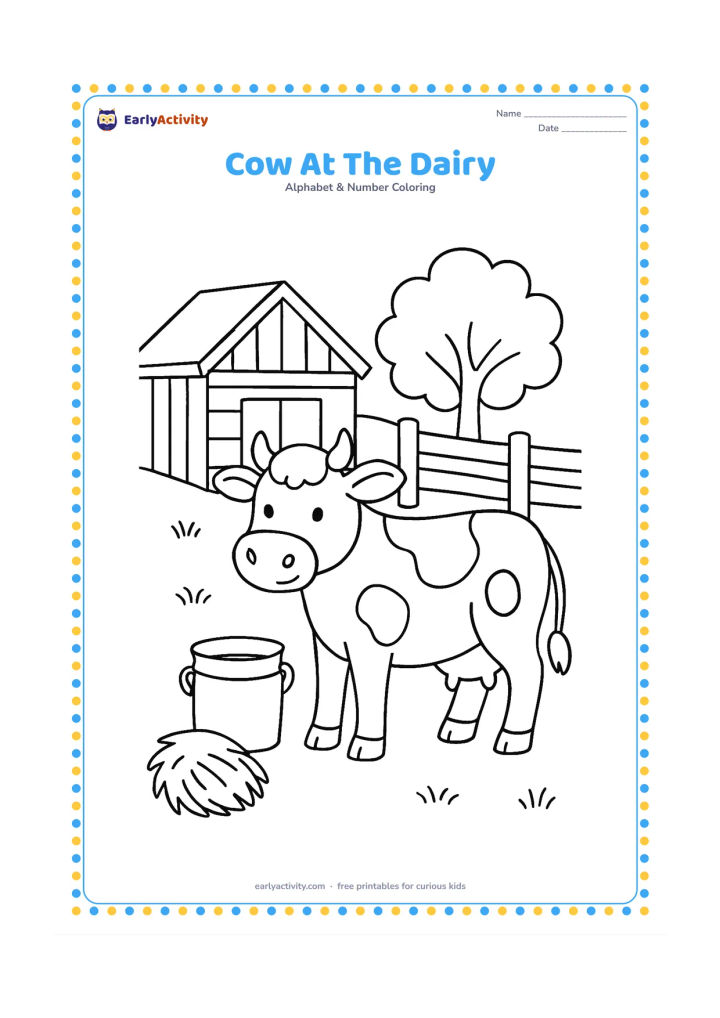 Colouring page: A gentle cow stands beside a clean milk pail near a rural dairy shed, with a hay bundle, a fence, and a leafy tree in the background. Do not include labels or writing on the shed or pail.