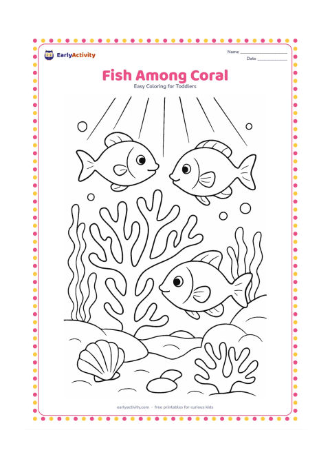 Colouring page: Draw three different friendly fish swimming around broad coral branches, sea plants and a treasure-free rocky seabed. Add bubbles, a shell and beams of light entering from the water surface.