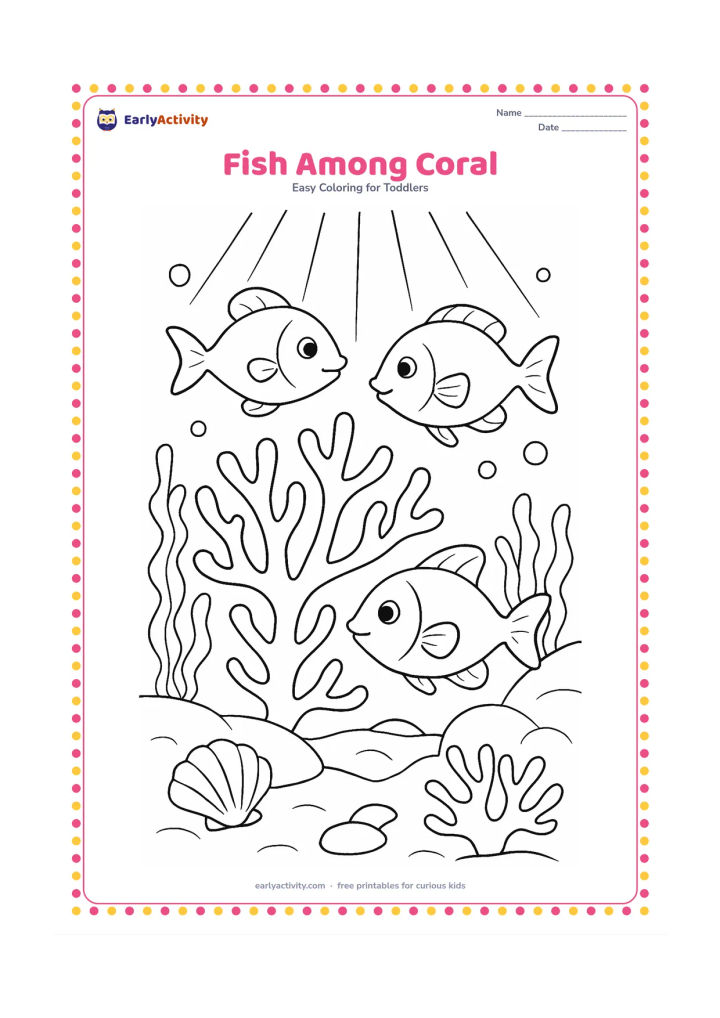 Colouring page: Draw three different friendly fish swimming around broad coral branches, sea plants and a treasure-free rocky seabed. Add bubbles, a shell and beams of light entering from the water surface.