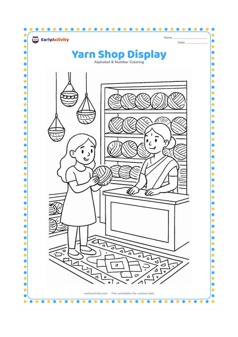 Colouring page: Draw an inviting Indian craft shop interior with shelves of yarn balls, a child choosing a skein, a shopkeeper behind a counter, hanging baskets, and a patterned rug.